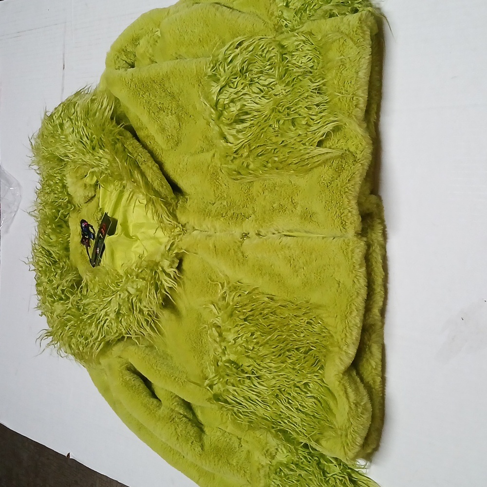 Dolls Kill Delia's Lime Green Faux Fur Coat w/ Pockets Oversized Fit Size XXS